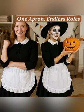 Women's White  Apron With Ruffle And Pockets One Size Fits Most